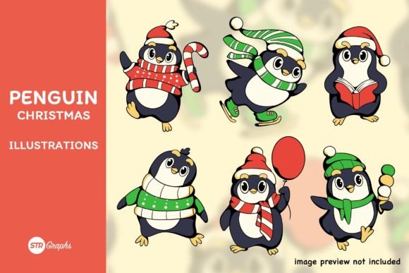 6 Penguin Christmas - Character Pack for Festive Illustrations