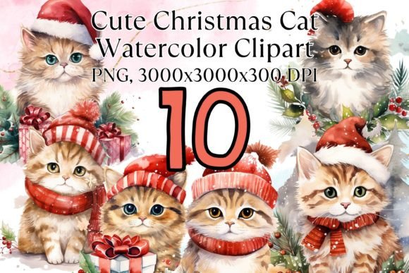 Christmas Cat Watercolor Clipart Bundle for Illustrations