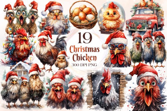 Christmas Chicken Sublimation Clipart for Illustrations