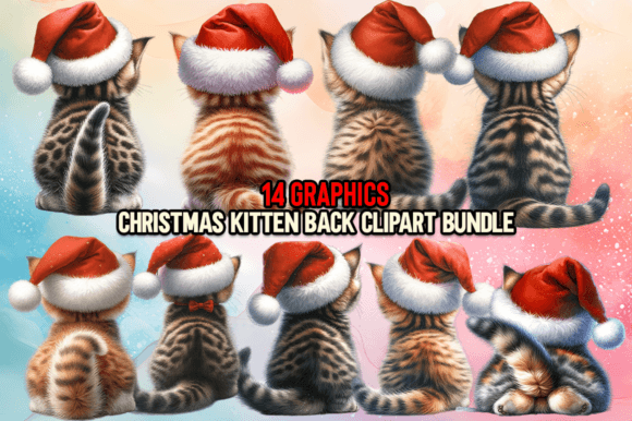 Christmas Kitten Back Clipart Bundle for Illustrations