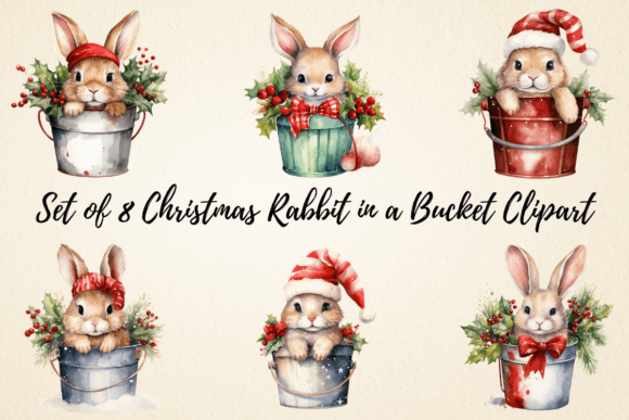 Christmas Rabbit in a Bucket Clipart for Illustrations