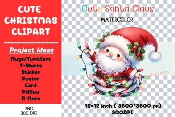 Cute Santa Claus Christmas Lights PNG: Illustrations for Modern Publishing