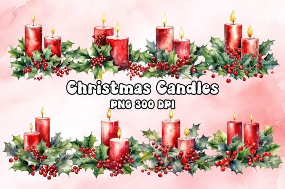 Red Christmas Candles Watercolor Illustrations for Blog Design