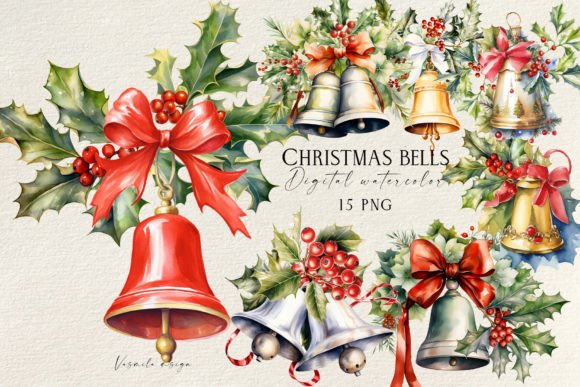 Watercolor Christmas Bells Clipart for Seasonal Illustrations