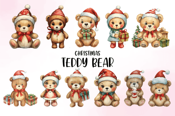 Watercolor Christmas Teddy Bear Clipart for Illustrations